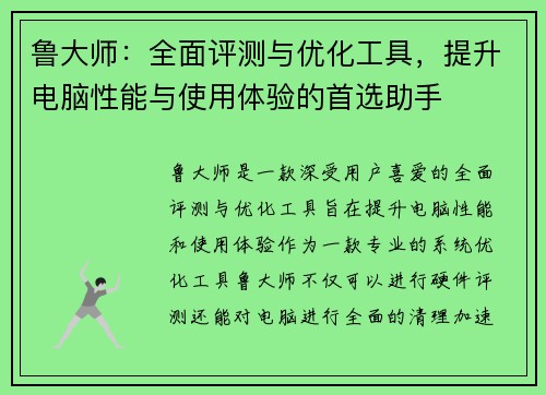 鲁大师：全面评测与优化工具，提升电脑性能与使用体验的首选助手